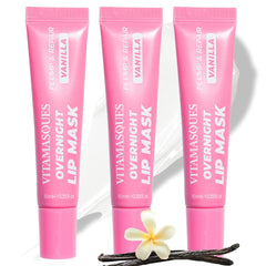 Vitamasques front packaging showing three vanilla lip mask tubes and benefits