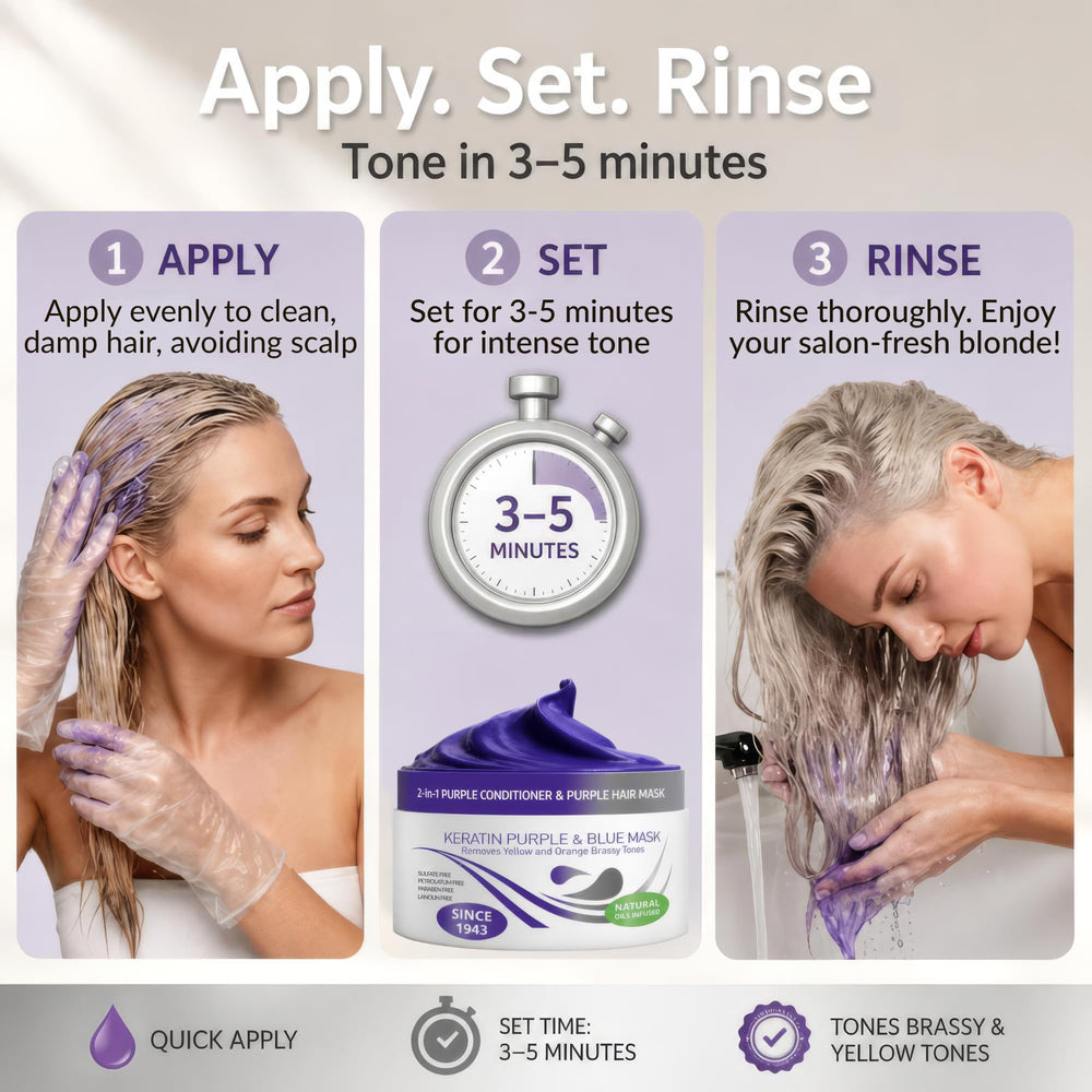 Side-by-side before and after using VITAMINS mask showing reduced brassiness
