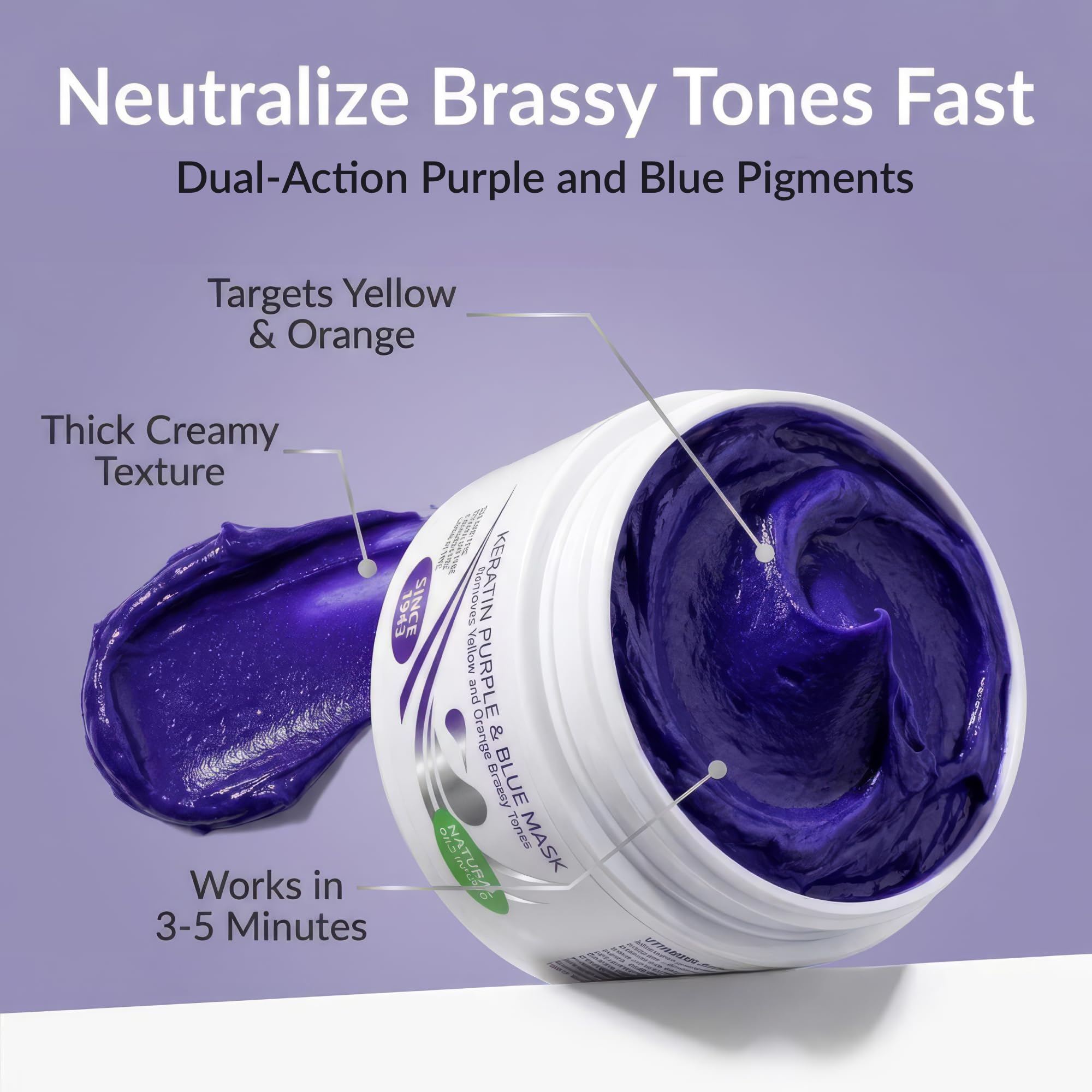 Close-up label of VITAMINS mask highlighting keratin and toning features