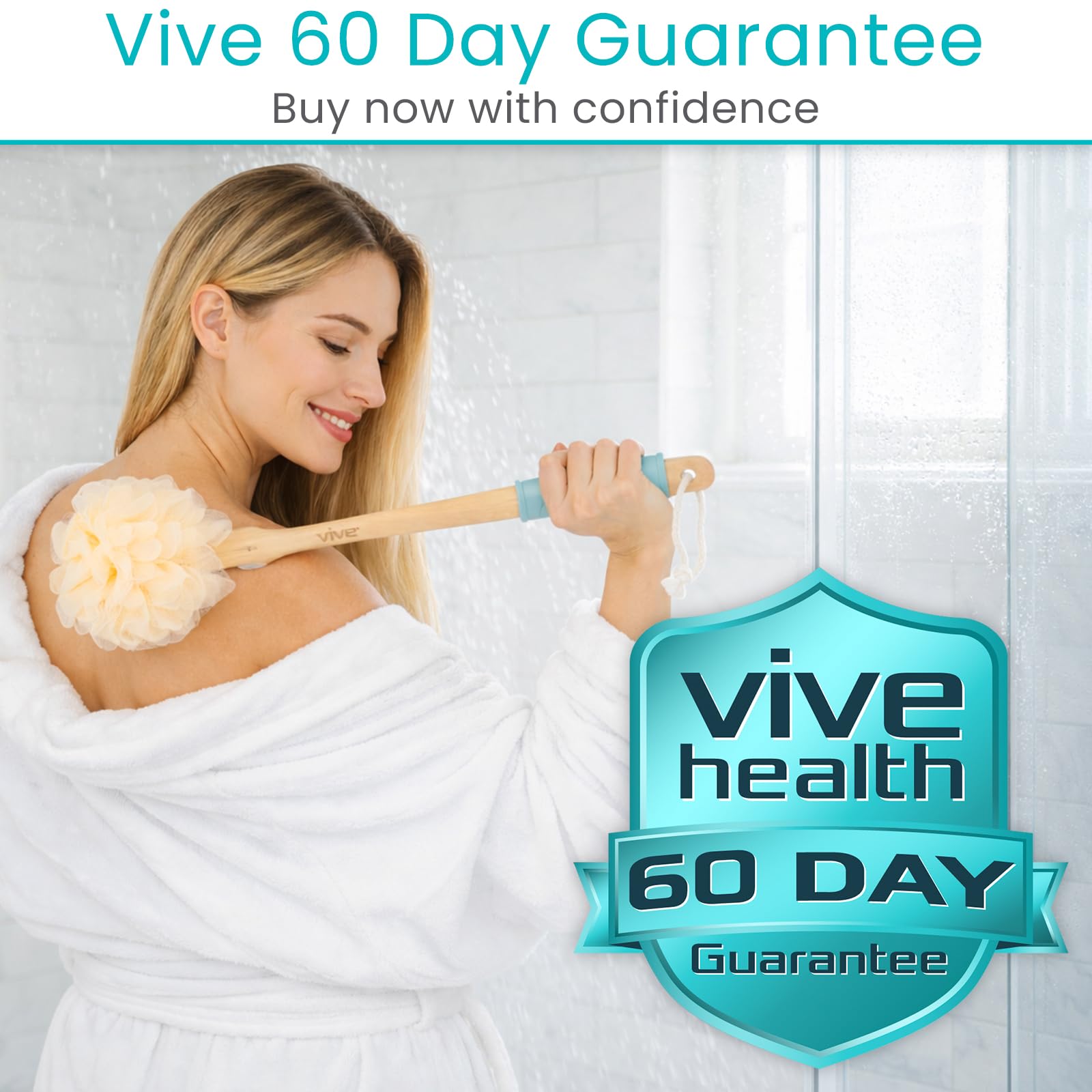 Vive loofah in shower lifestyle setting, comfortable at-home spa benefit