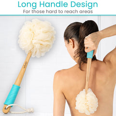 Vive close-up of soft mesh loofah head, gentle cleansing benefit
