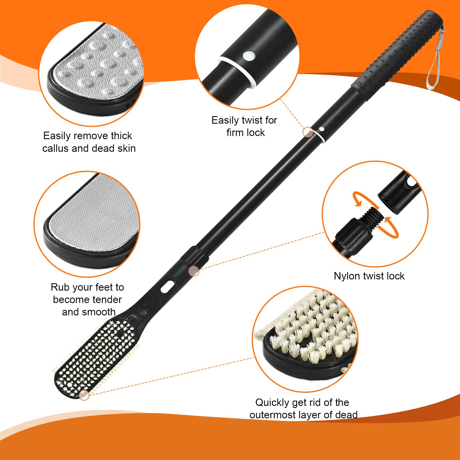 VIVEBEI scrubber extended in shower demonstrating telescopic length for easier reach