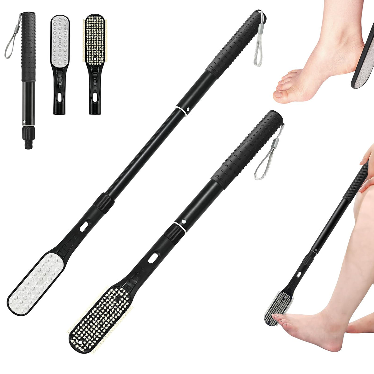VIVEBEI front view of long-handle foot scrubber showing full tool and benefits reach