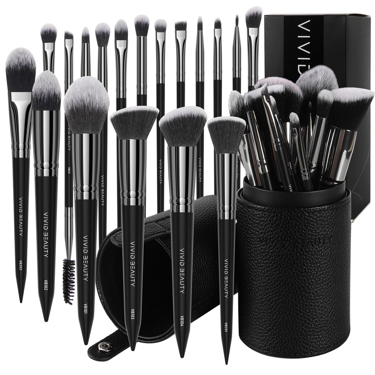 VIVID BEAUTY front packaging showing complete 18-piece kit and travel case benefit portability