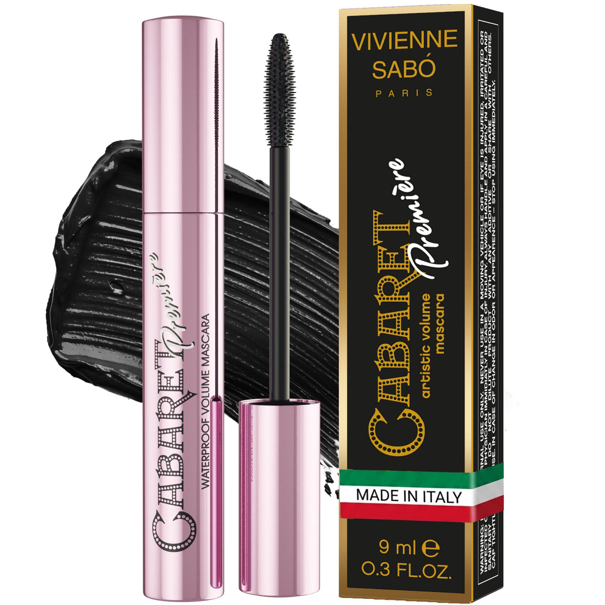 Vivienne Sabó front packaging showing compact black tube and branding benefits