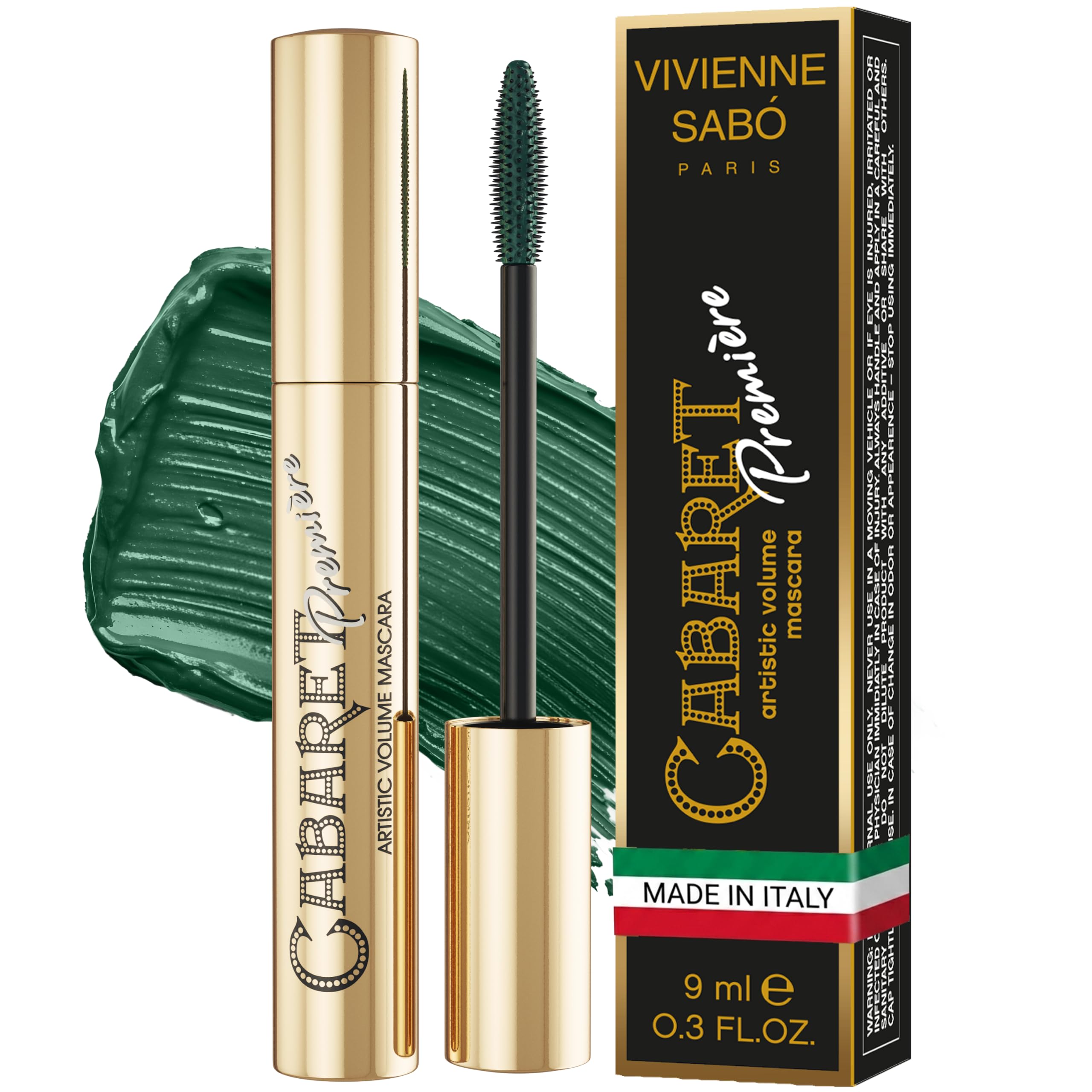 Vivienne Sabó front packaging showing green mascara tube and branding benefits
