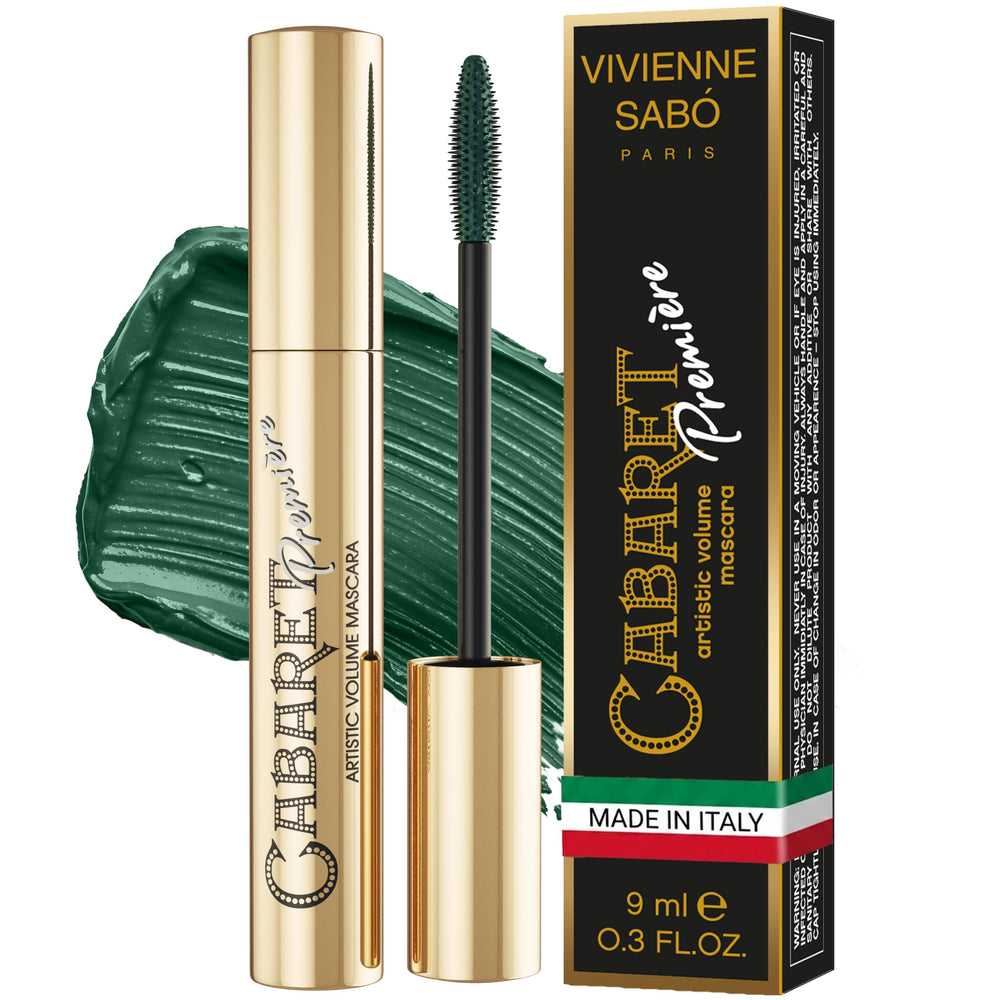 Vivienne Sabó front packaging showing green mascara tube and branding benefits
