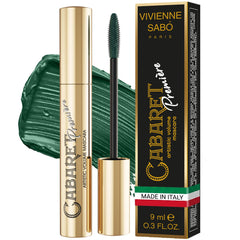 Vivienne Sabó front packaging showing green mascara tube and branding benefits