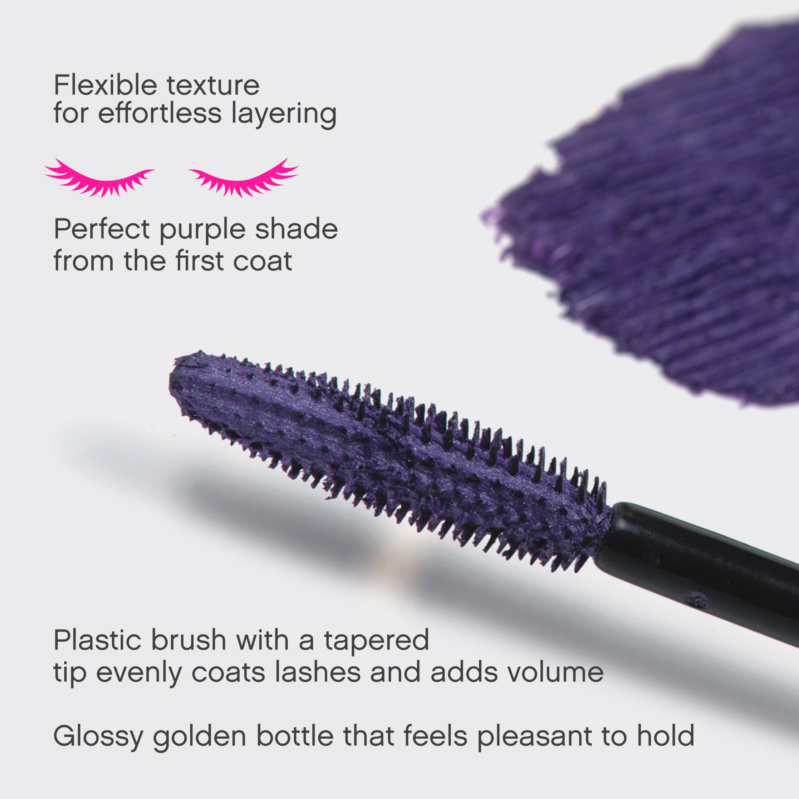 Vivienne Sabó purple mascara swatch on skin highlighting rich pigment and true color payoff