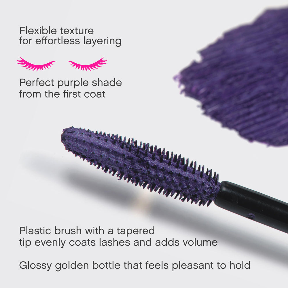 Vivienne Sabó purple mascara swatch on skin highlighting rich pigment and true color payoff