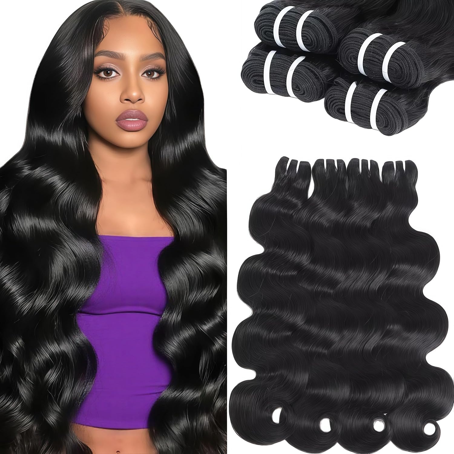VKOFUN front view of four body wave bundles showing natural black finish and full volume