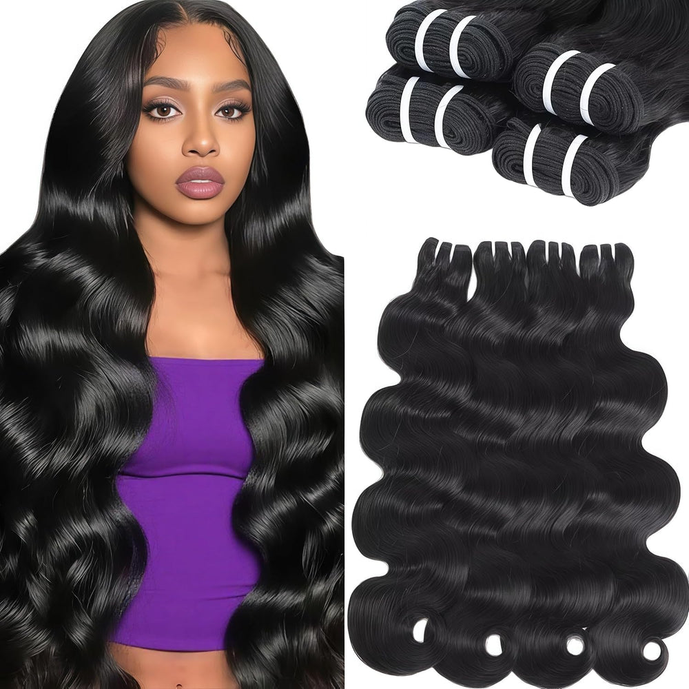VKOFUN front view of four body wave bundles showing natural black finish and full volume