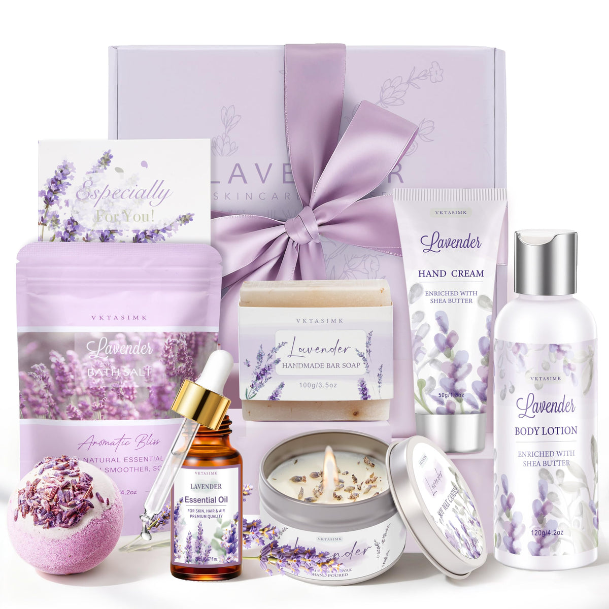 VKTASIMK gift basket front view showing all included spa items for easy gifting
