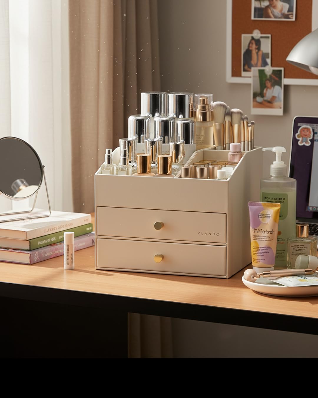 VLANDO on bathroom counter staged to reduce clutter and look neat