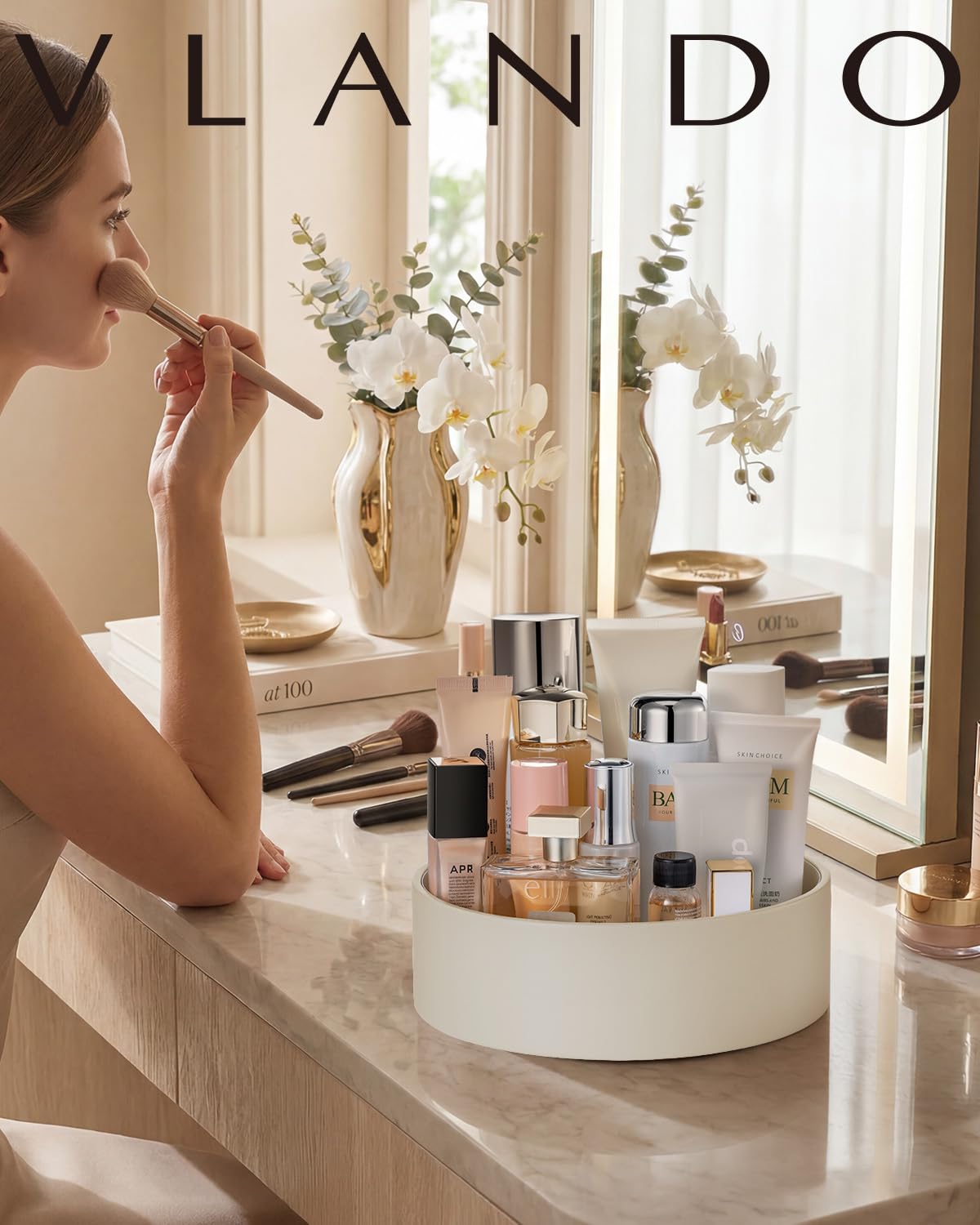 VLANDO on bathroom vanity in lifestyle shot showing stylish home integration