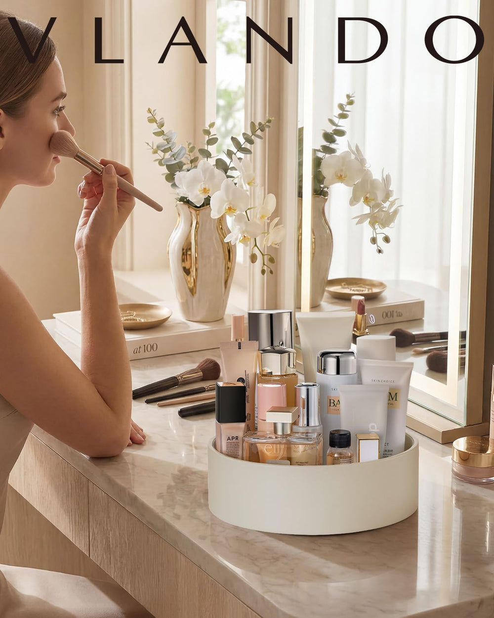 VLANDO on bathroom vanity in lifestyle shot showing stylish home integration