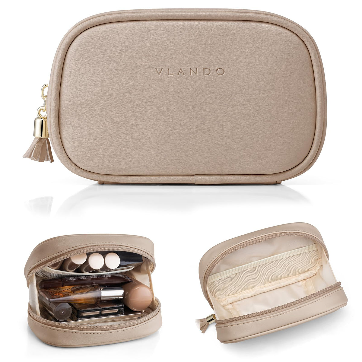 VLANDO front view showing toffee pouch and secure zipper for travel organization