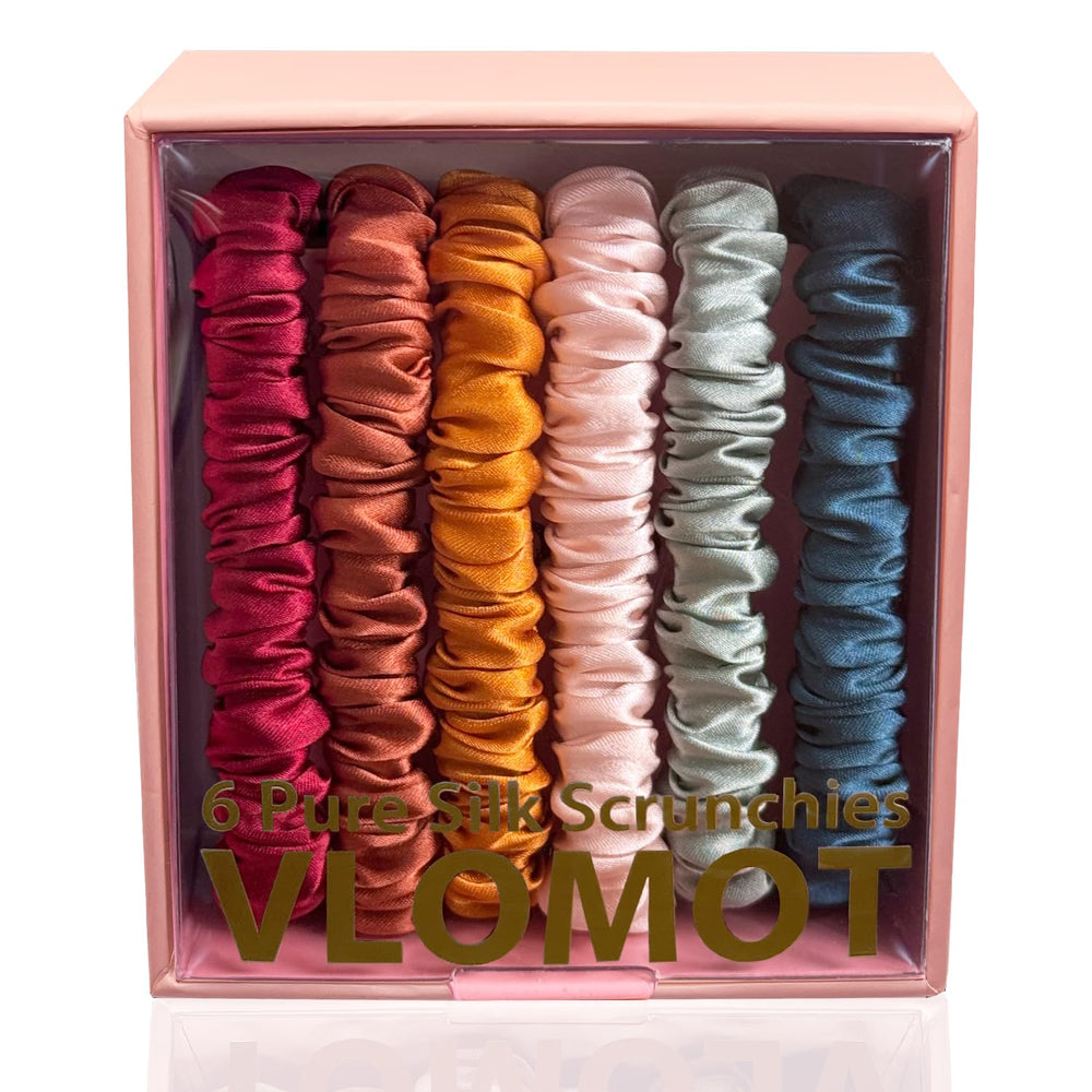VLOMOT front packaging showing six vintage silk scrunchies, neat set presentation