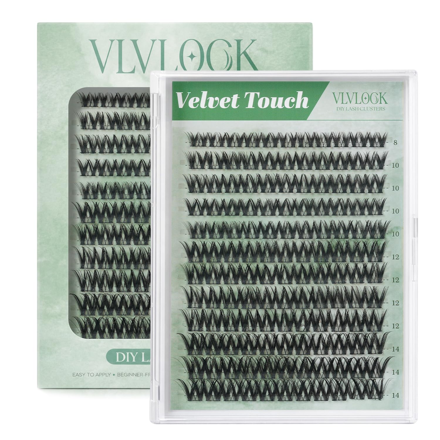 VLVLOCK front packaging showing Velvet Touch lash clusters and benefit of gentle lift
