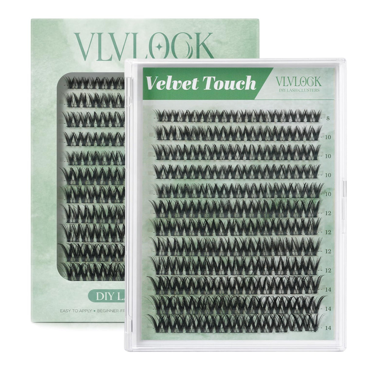 VLVLOCK front packaging showing Velvet Touch lash clusters and benefit of gentle lift