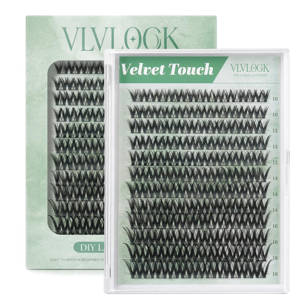 VLVLOCK front packaging showing Velvet Touch cluster lash set for easy selection and benefit