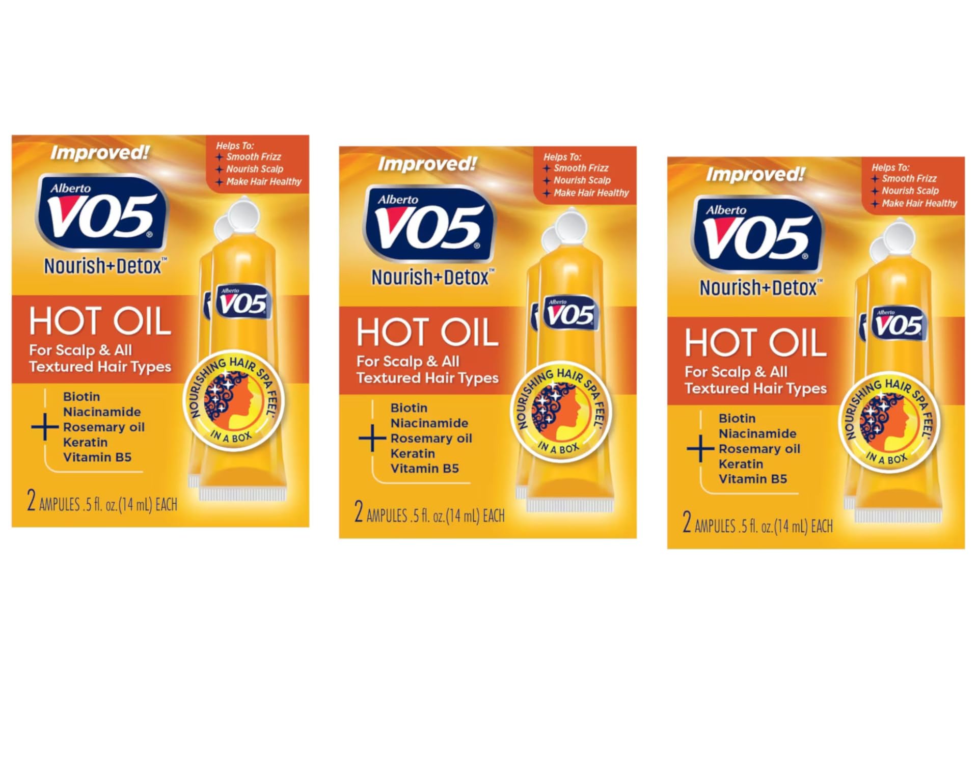 VO5 front packaging showing three 0.5 oz treatment ampoules for travel convenience