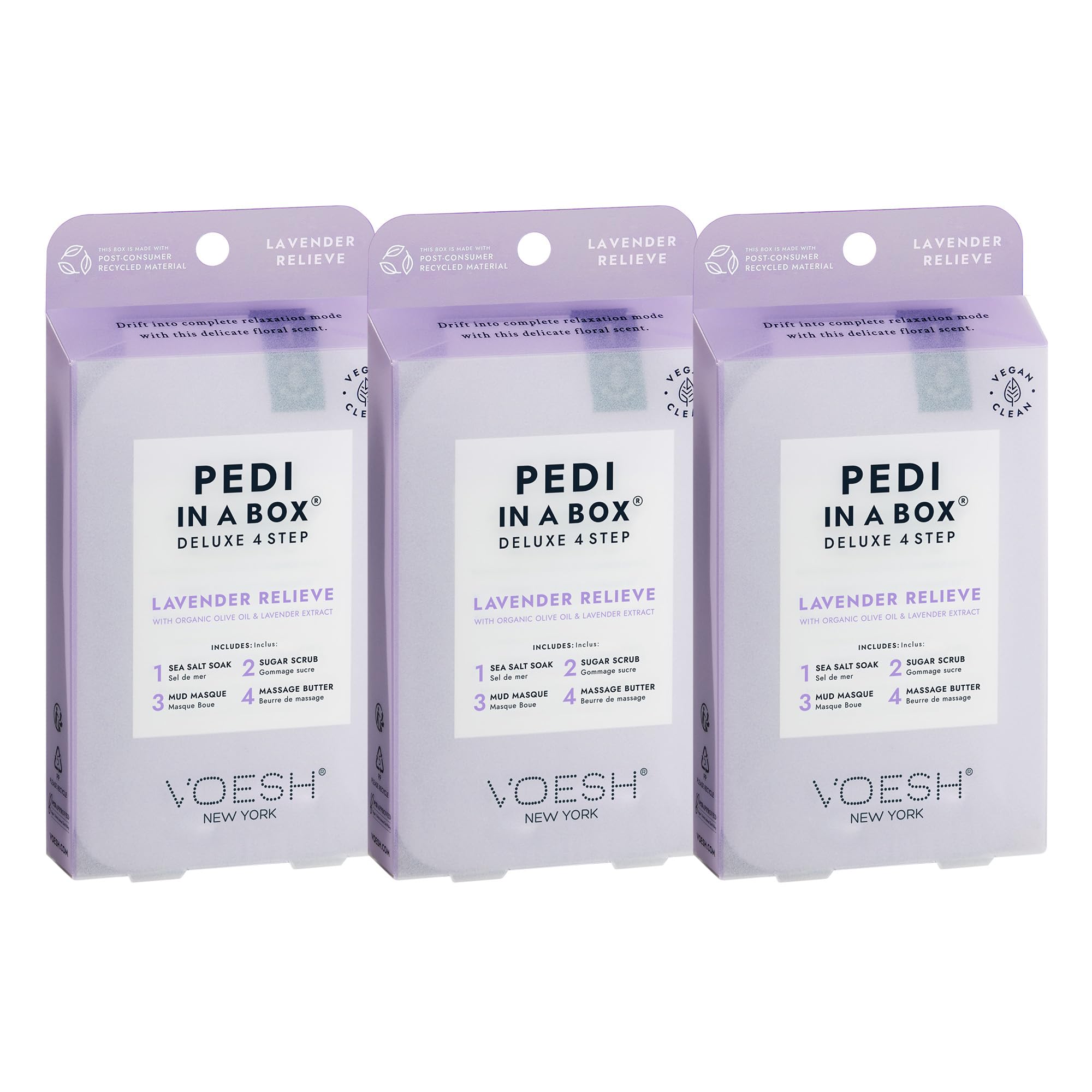 VOESH front packaging showing spa pedicure kit and calming lavender scent benefit