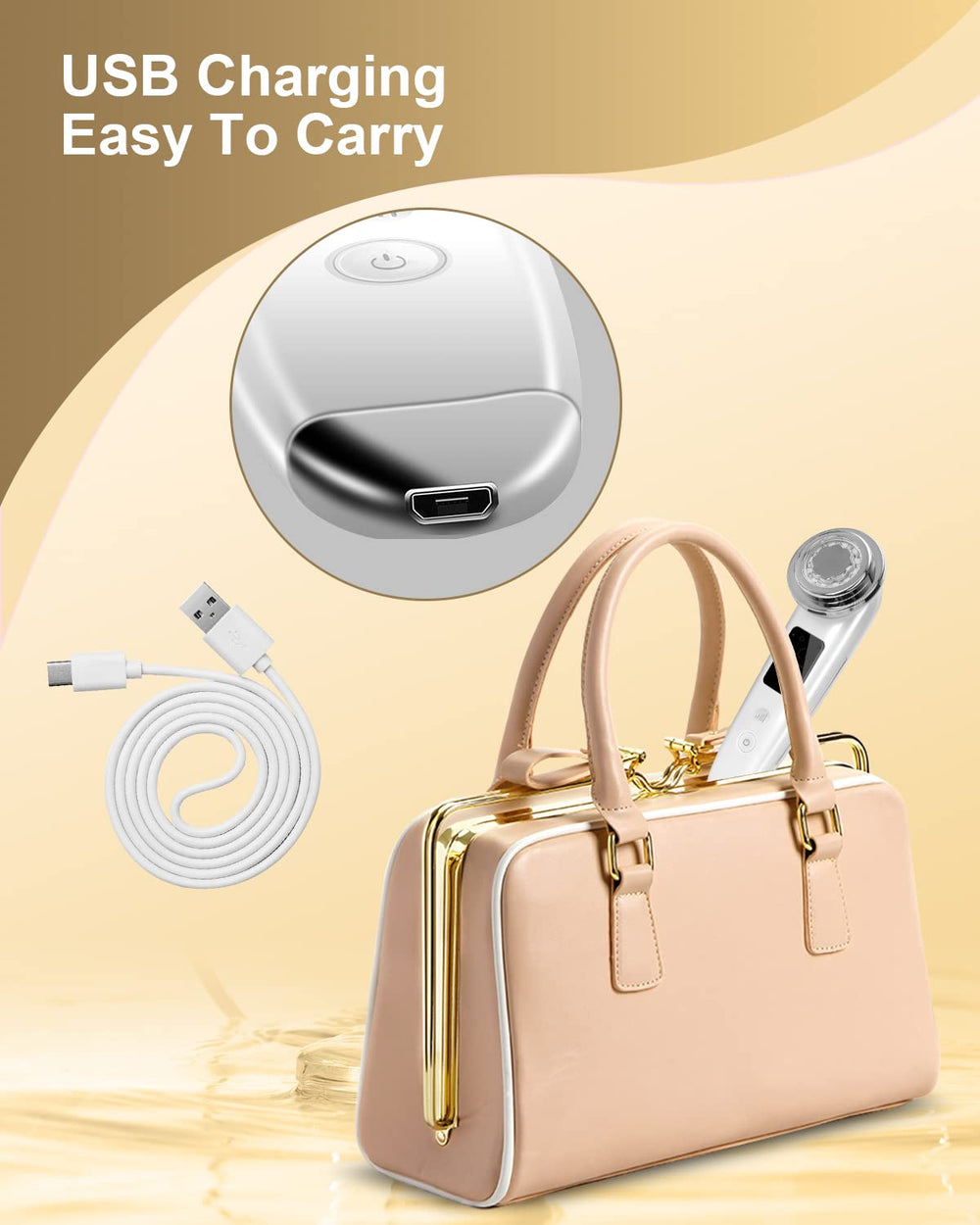 VOFEL next to a hand for scale indicating compact travel-friendly facial device