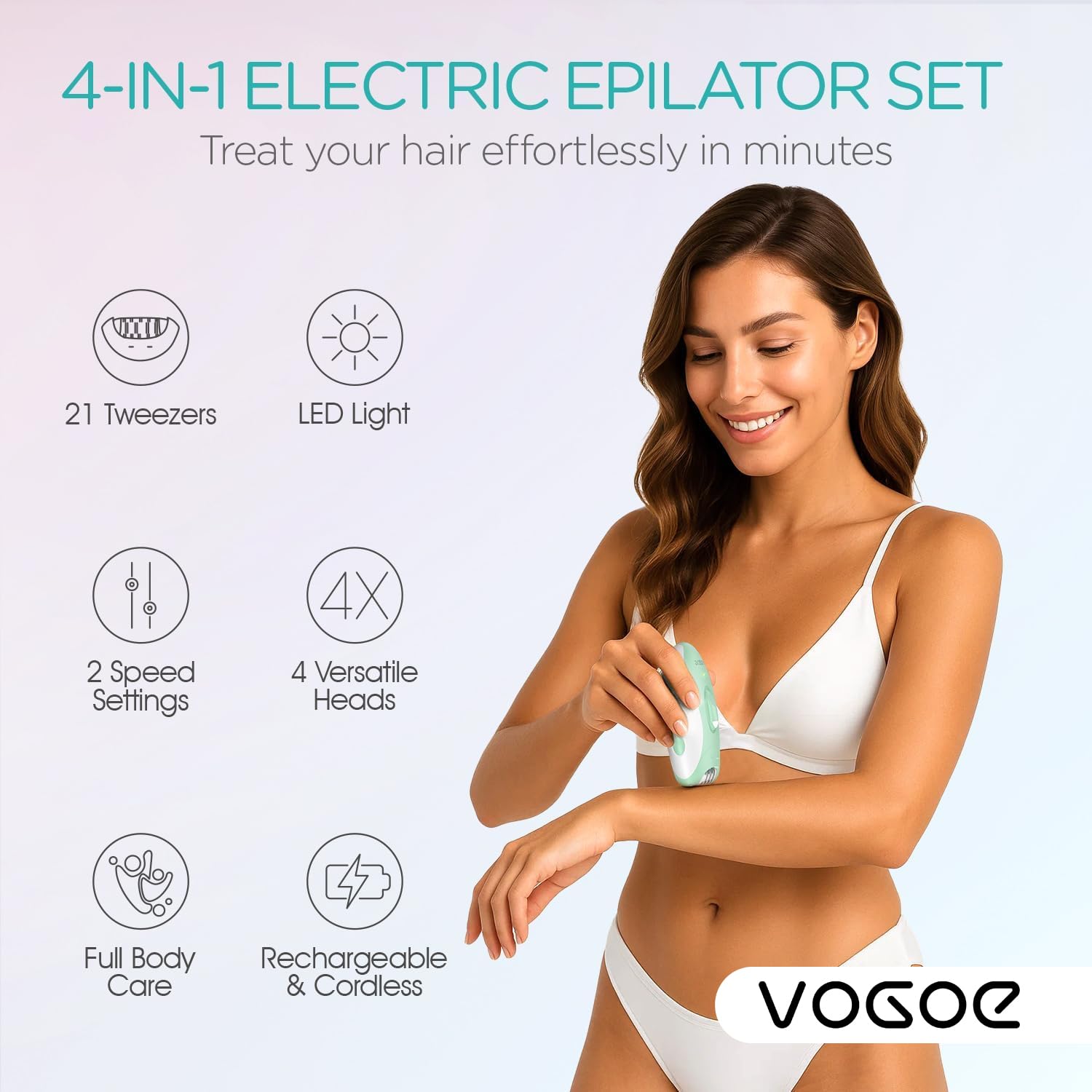 VOGOE epilator head closeup showing 21 hypoallergenic tweezers for precise hair removal