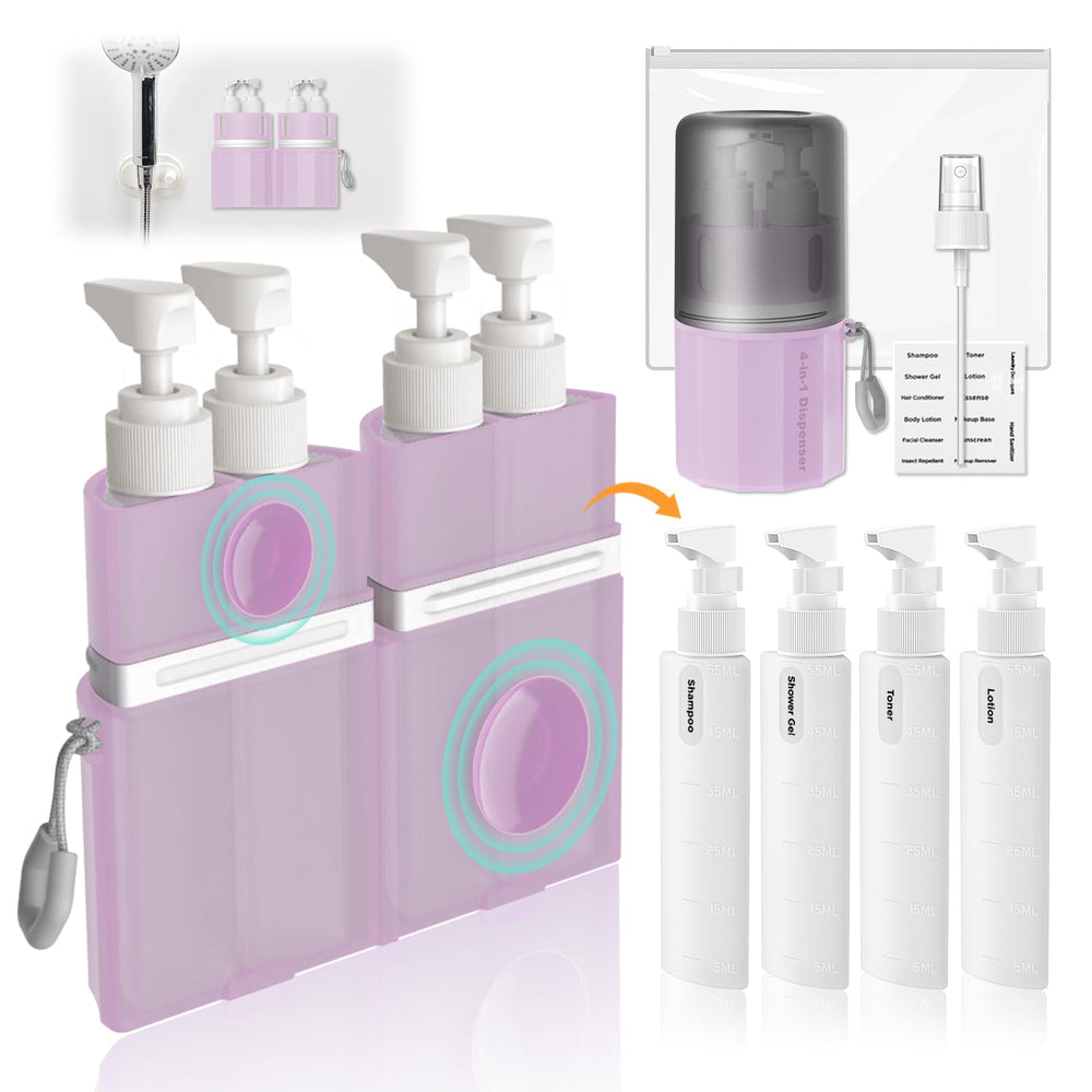 VOGOGE front view of pink travel dispenser set showing organized bottles and benefits