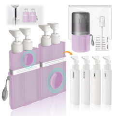 VOGOGE front view of pink travel dispenser set showing organized bottles and benefits