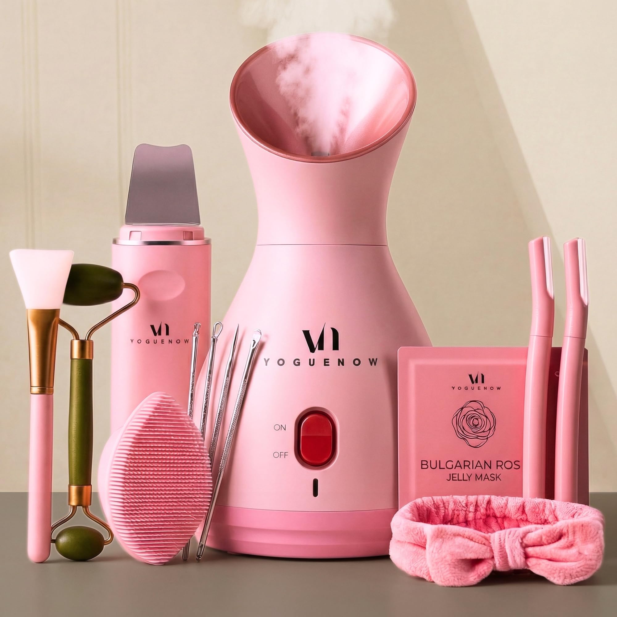 VogueNow steamer front packaging showing kit benefits and contents