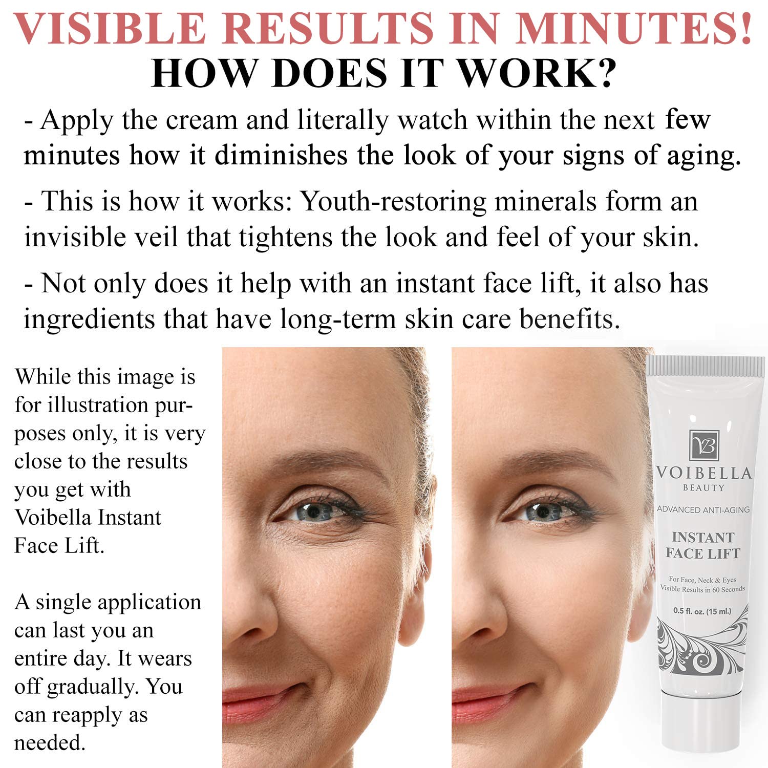 VOIBELLA BEAUTY applying cream with fingertip for targeted tightening and quick results