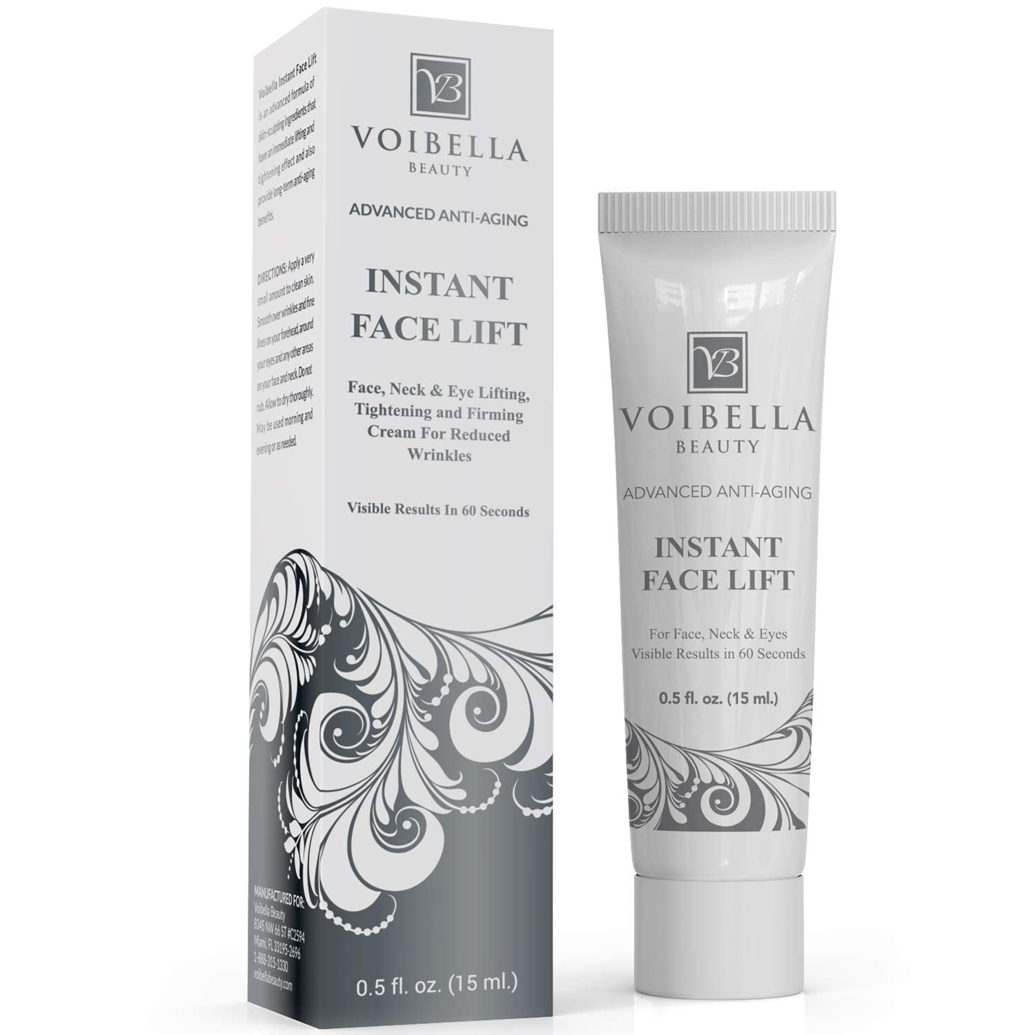 VOIBELLA BEAUTY front packaging showing compact 0.5 oz jar for travel-ready lift