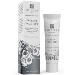 VOIBELLA BEAUTY front packaging showing compact 0.5 oz jar for travel-ready lift
