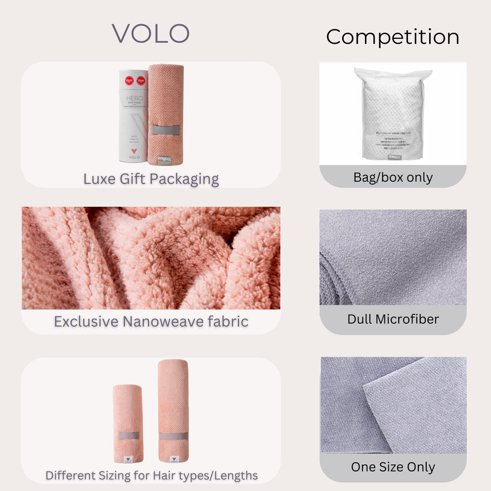 VOLO towel draped over hands showing large wrap size and coverage benefit