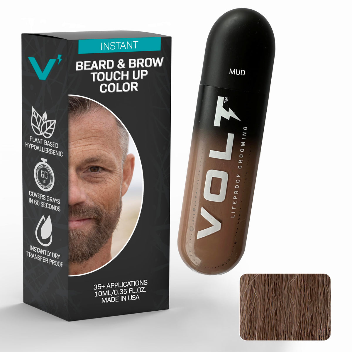 VOLT front packaging showing mud brown shade and compact size for convenience
