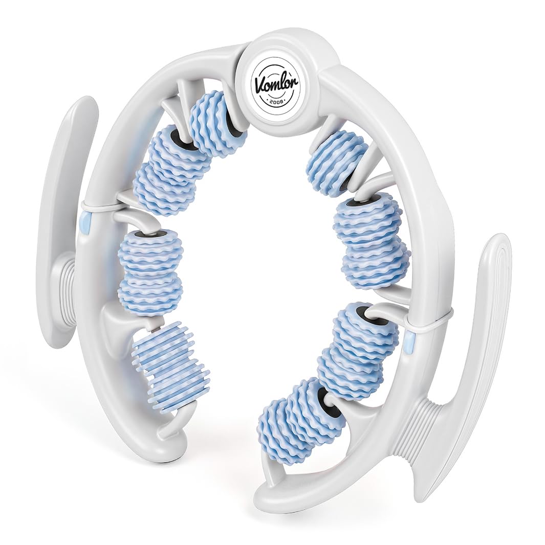 VOMLOR front view of blue cellulite roller showing ergonomic shape and benefit of contour fit