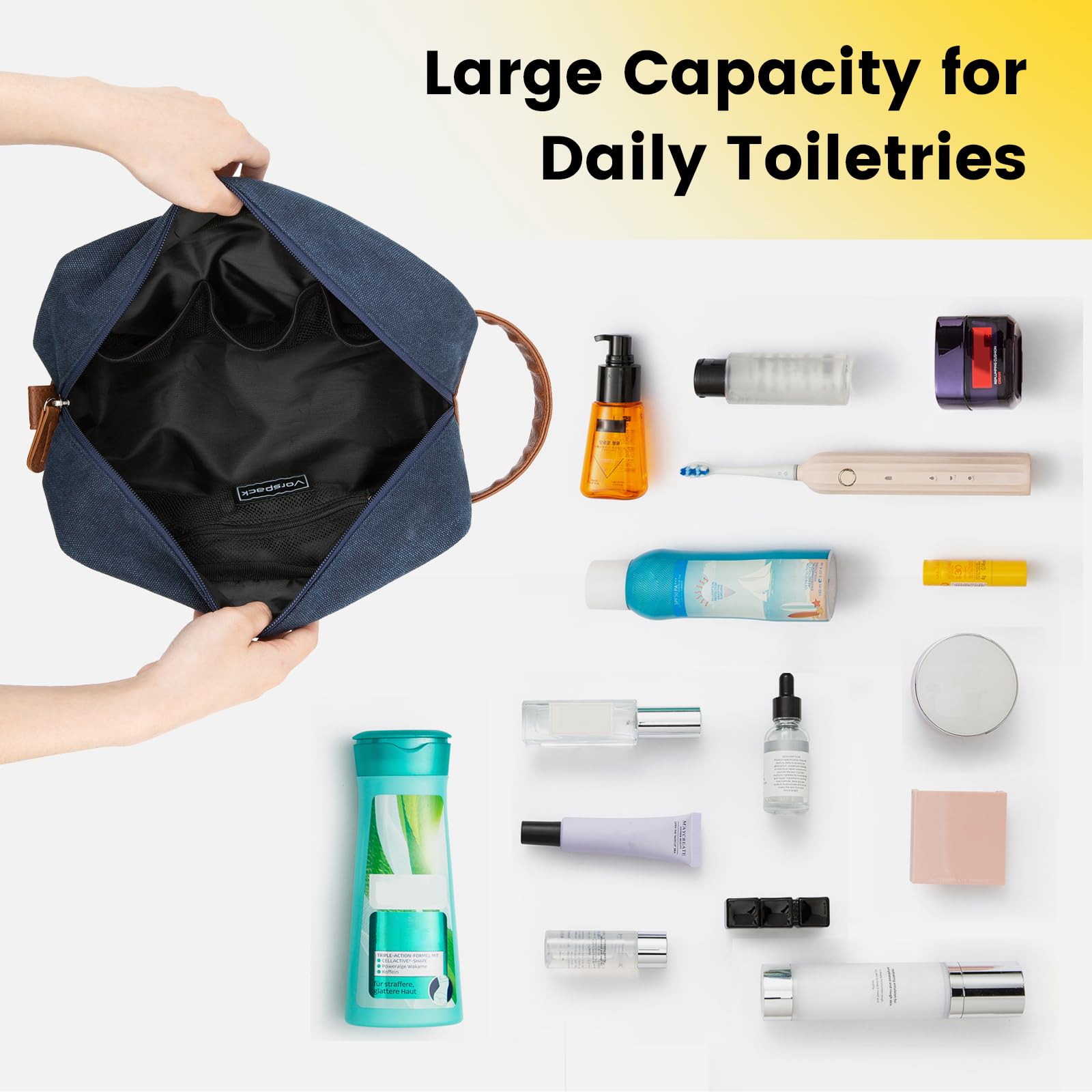Vorspack arranged with shaving kit and bottles demonstrating efficient packing benefit