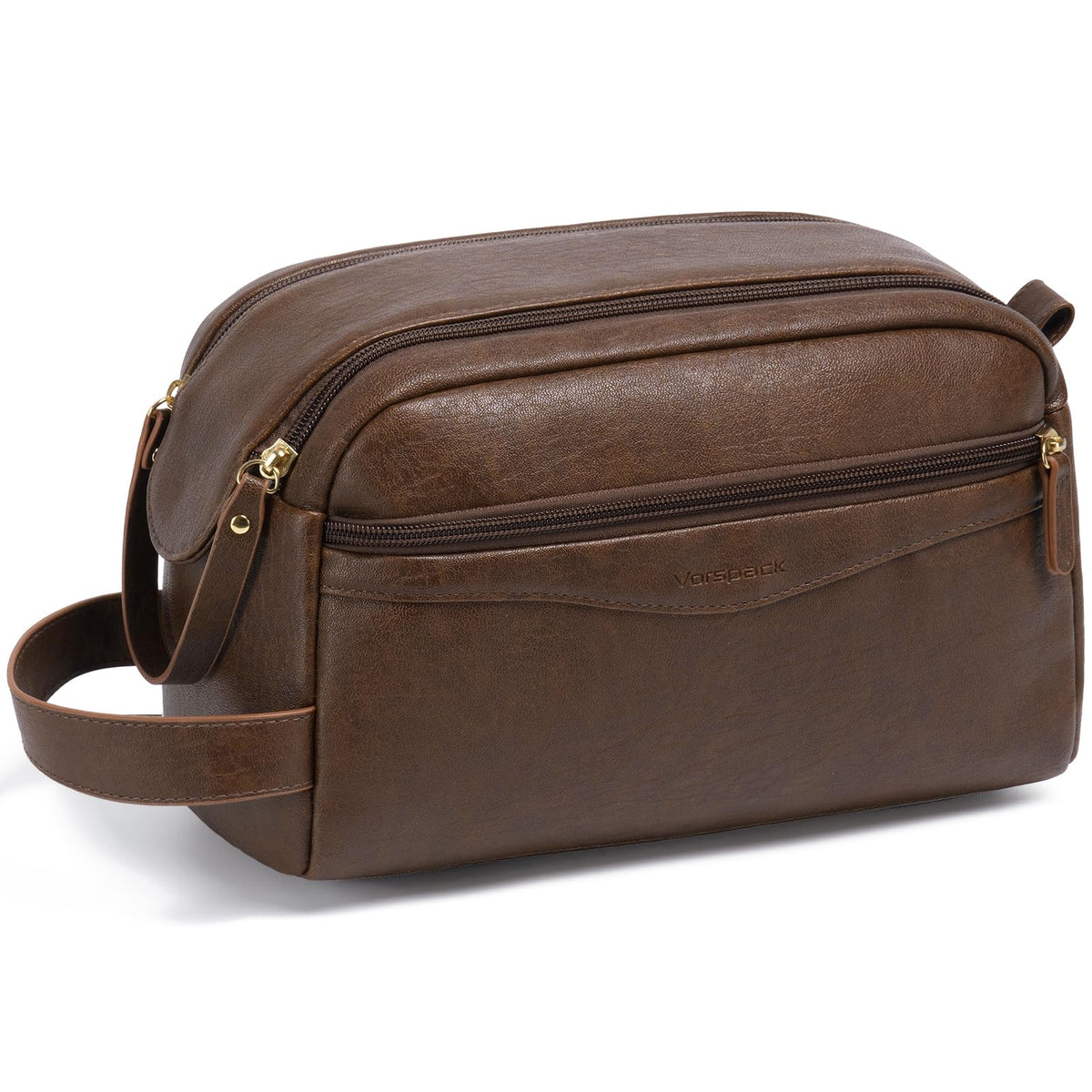 Vorspack dark brown toiletry bag front view showing classic vintage look and durable design