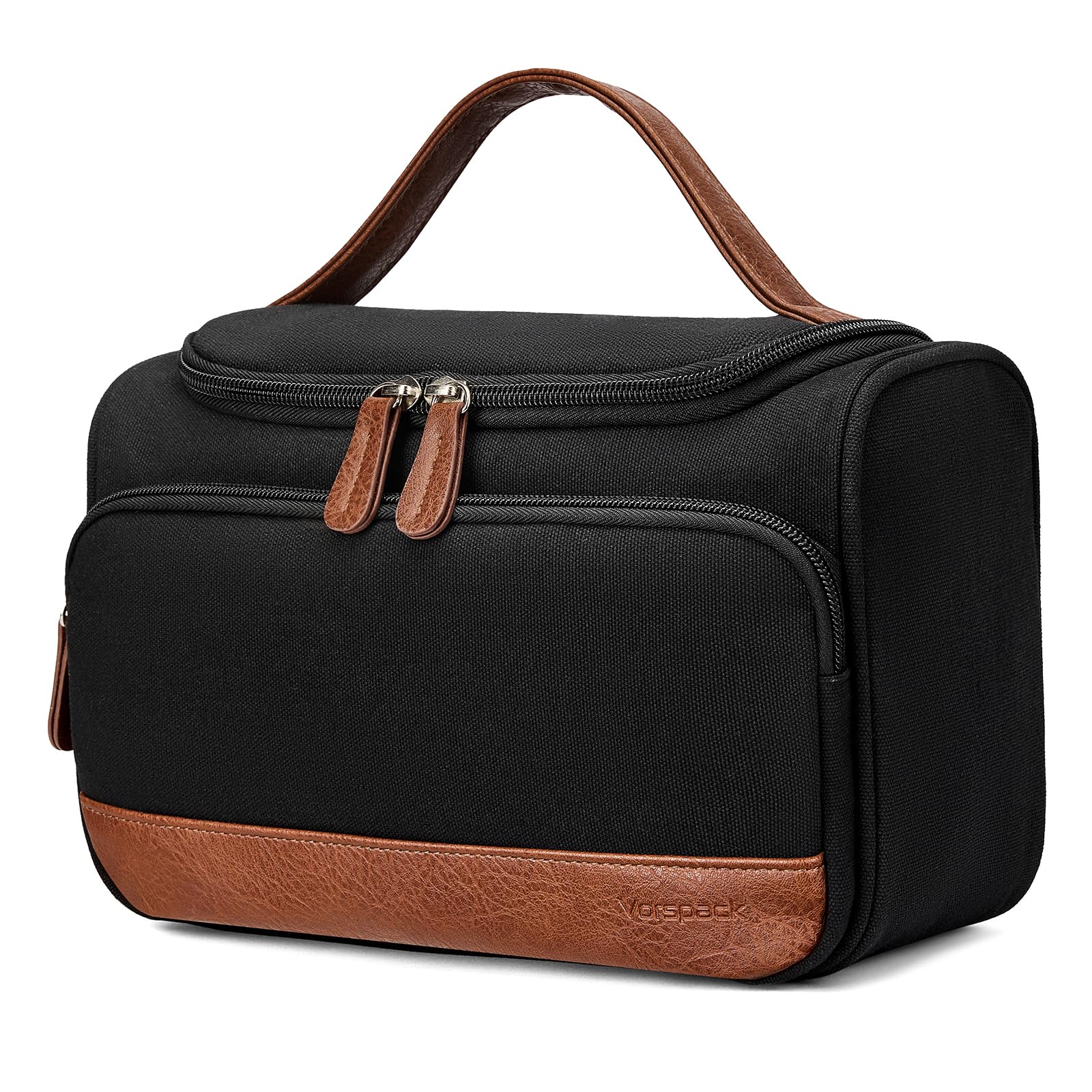 Vorspack front view of medium black toiletry bag showing upright benefit