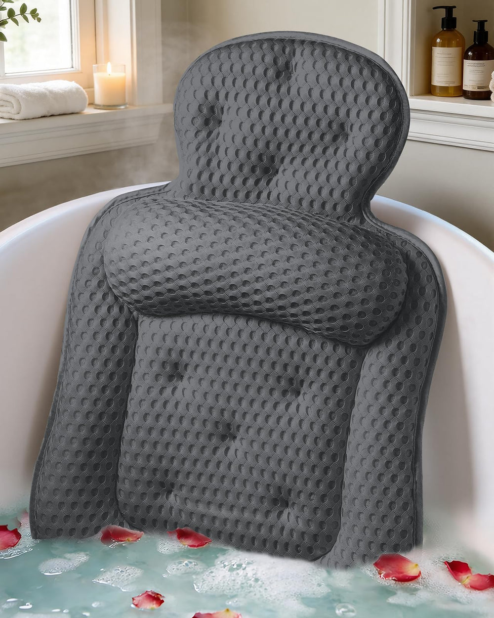 VOXOR front view of dark gray bath pillow showing contoured shape and comfort