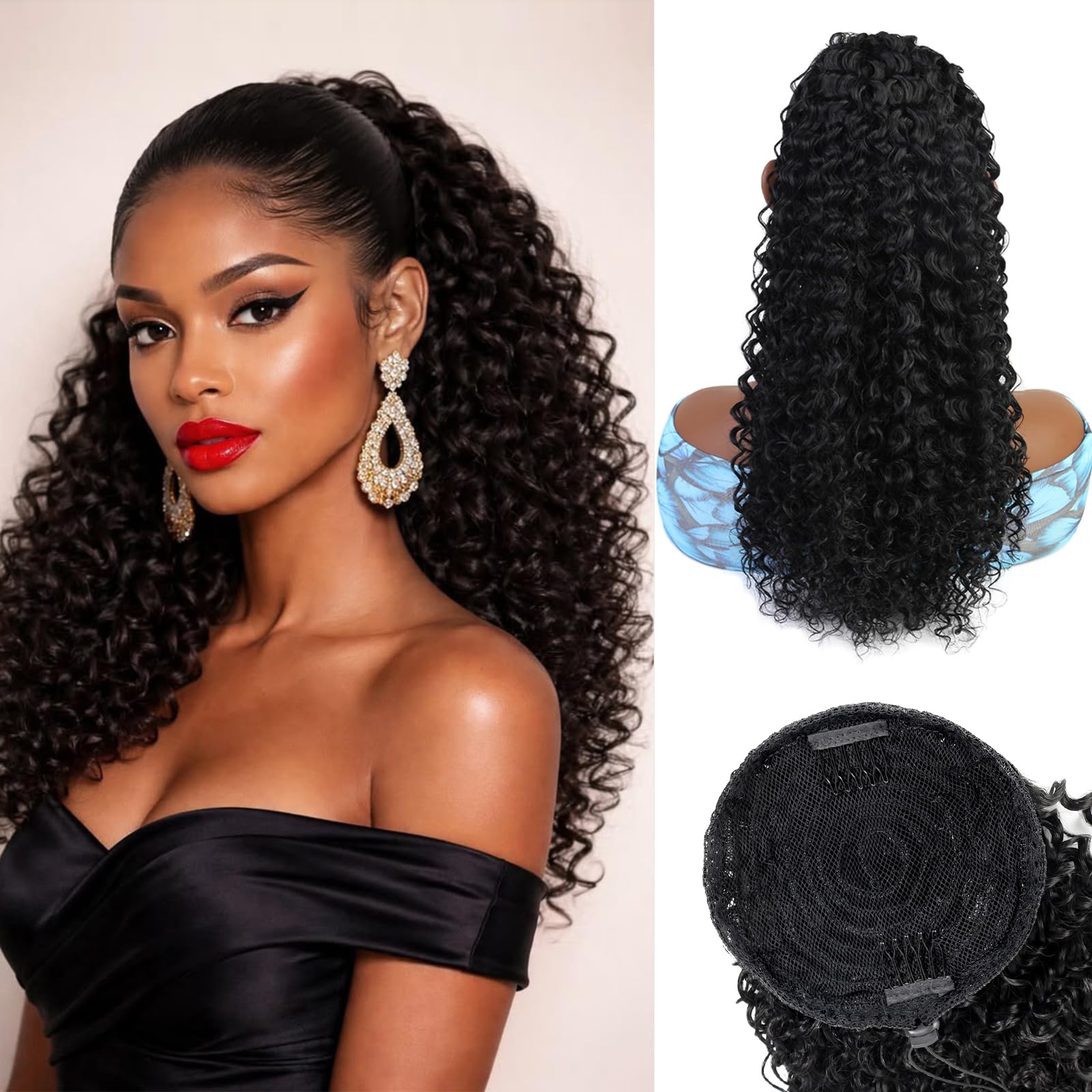 vroosar front view packaging showing the 18-inch drawstring ponytail benefit of ready-to-wear style