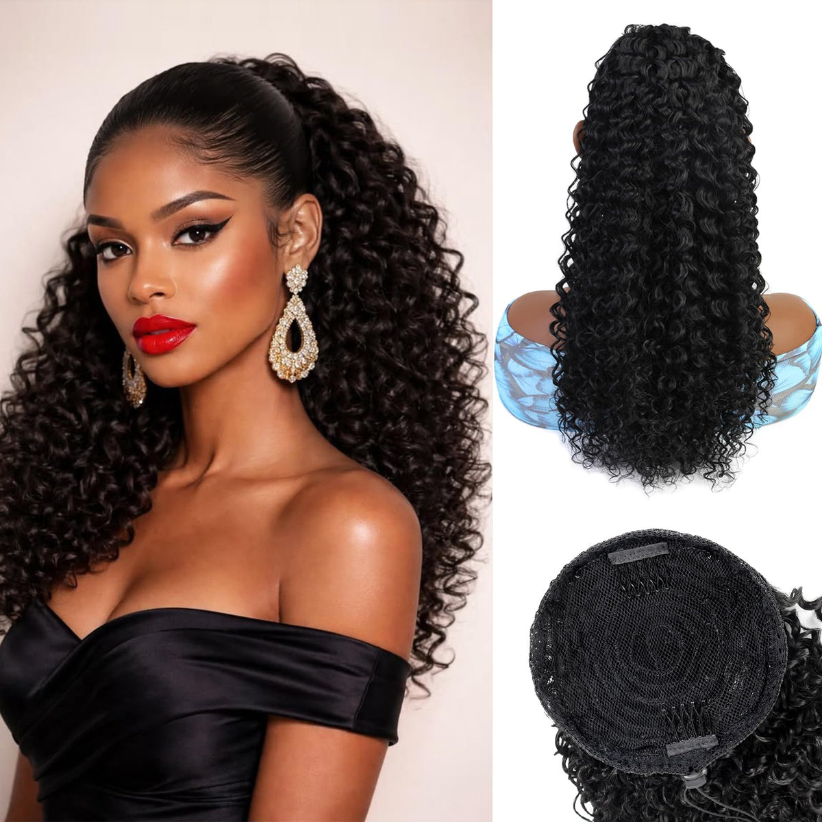 vroosar front view packaging showing the 18-inch drawstring ponytail benefit of ready-to-wear style