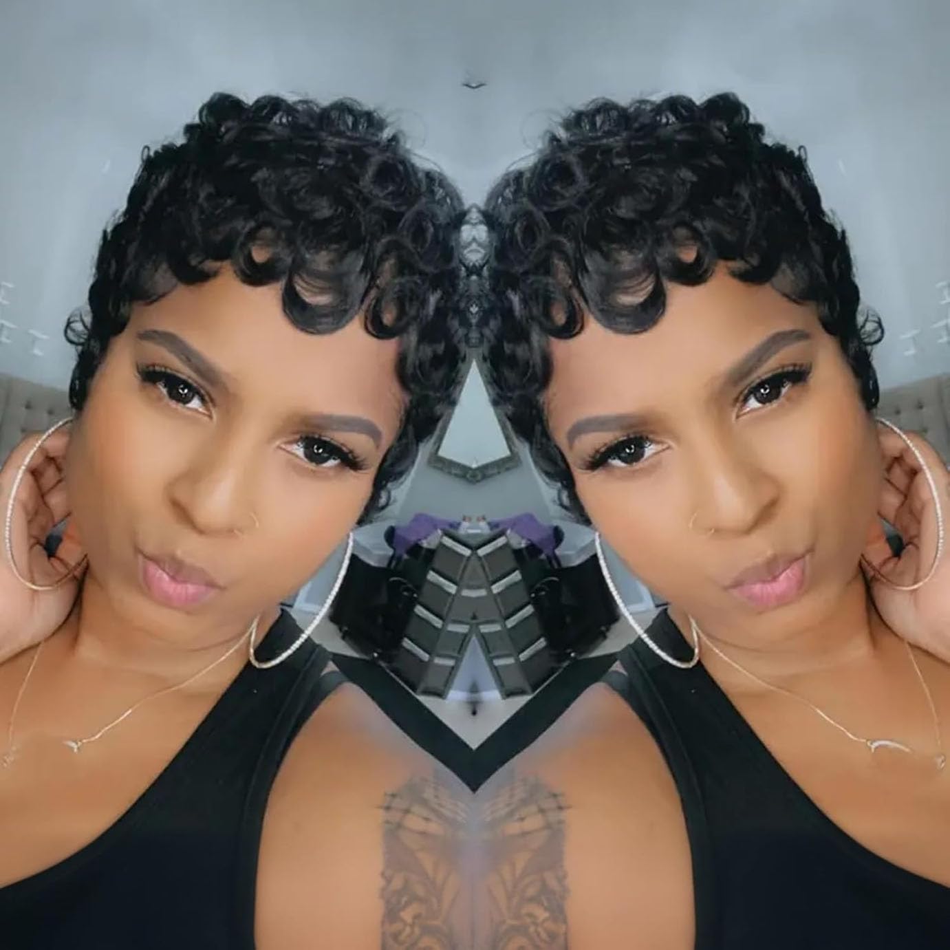 VRZ model wearing pixie wig in everyday setting for versatile styling