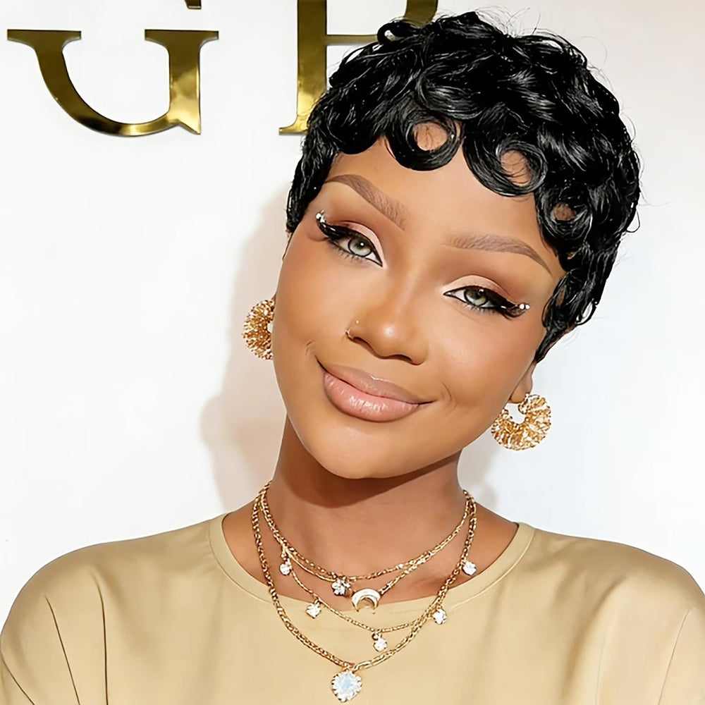 VRZ pixie side profile highlighting layered curls and effortless style benefit