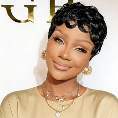 VRZ pixie side profile highlighting layered curls and effortless style benefit