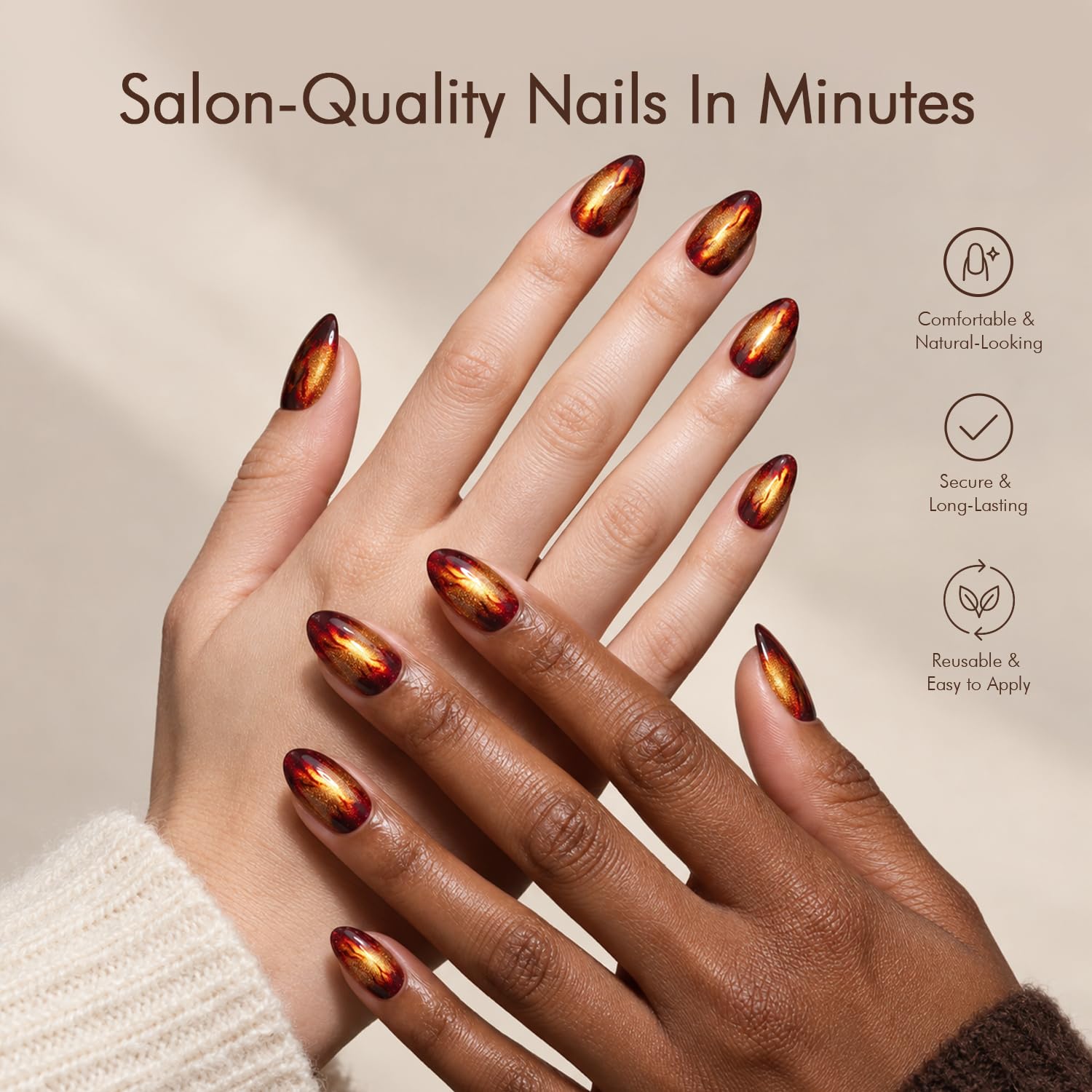 VSALON nails held in hand to show short almond scale and everyday wearability