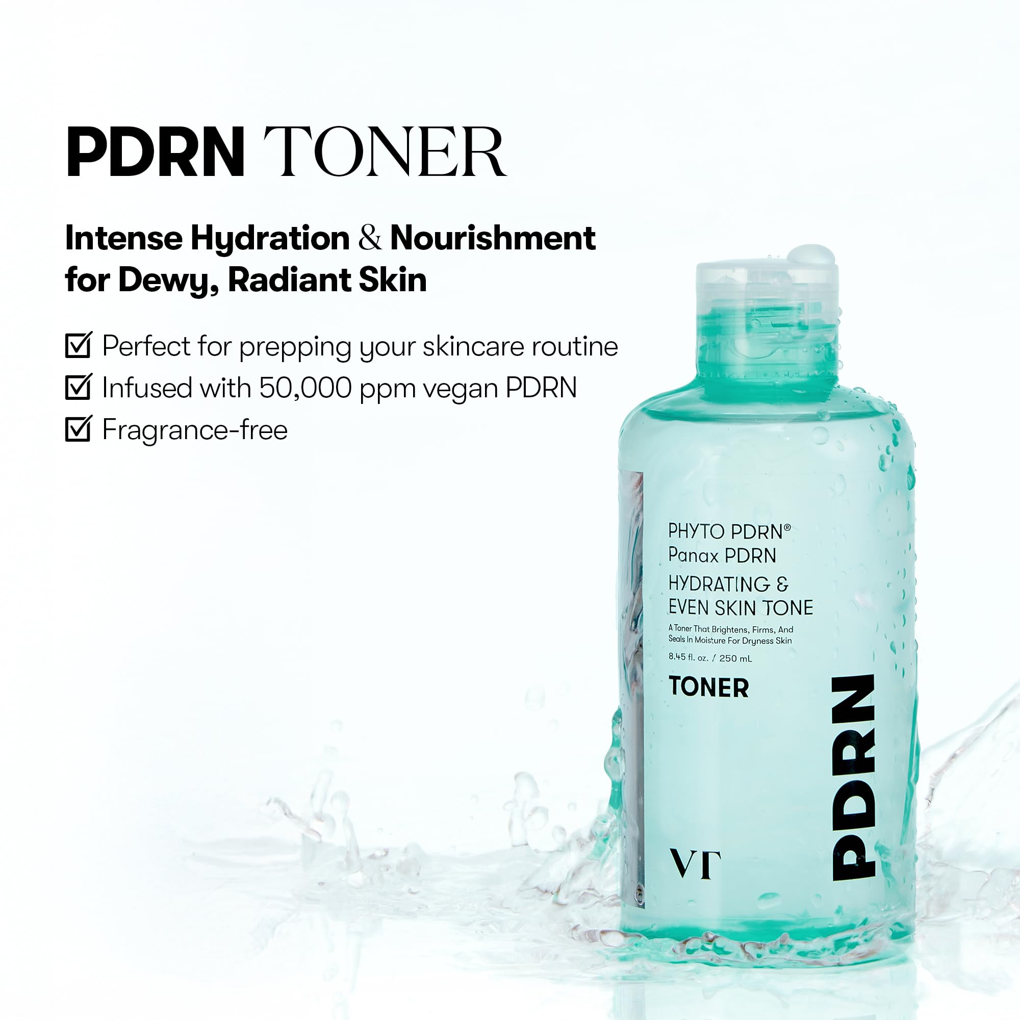 VT COSMETICS PDRN Toner back label close-up highlights ingredient list and benefits