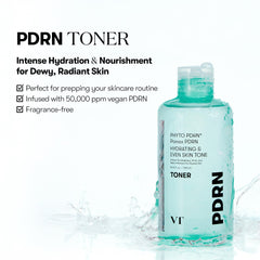VT COSMETICS PDRN Toner back label close-up highlights ingredient list and benefits